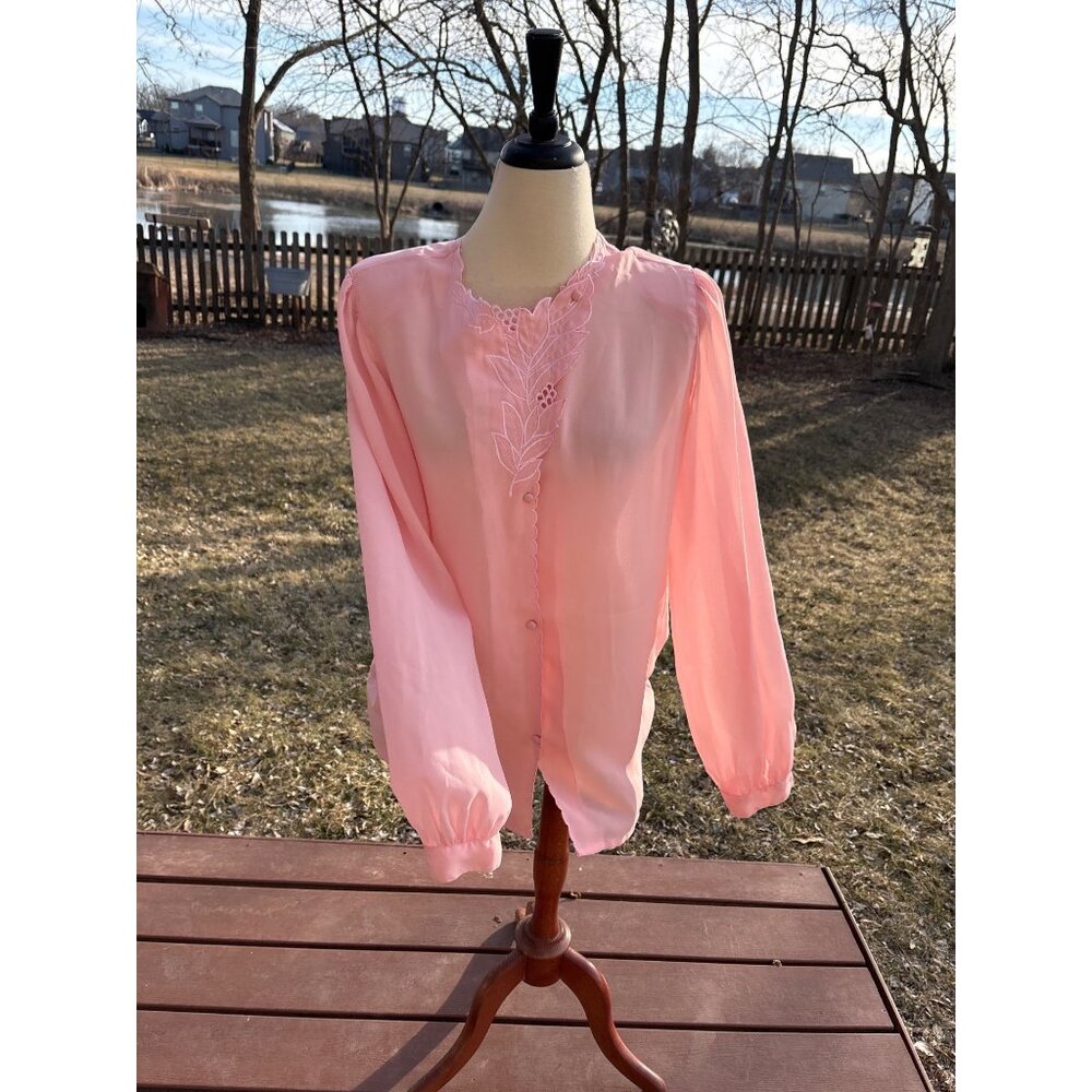 Vintage Pink Sheer Embroidered Button-Up Blouse Size 18 By J.R. House Made In Ko